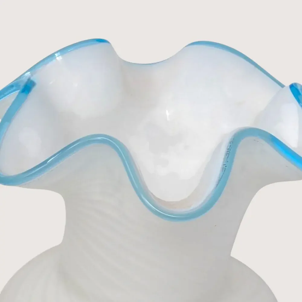 1970s Fenton White Swirl Glass Painted Rose Vase
